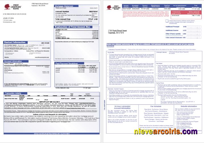 USA First Century Bank mortgage statement, 3 pages 1-2